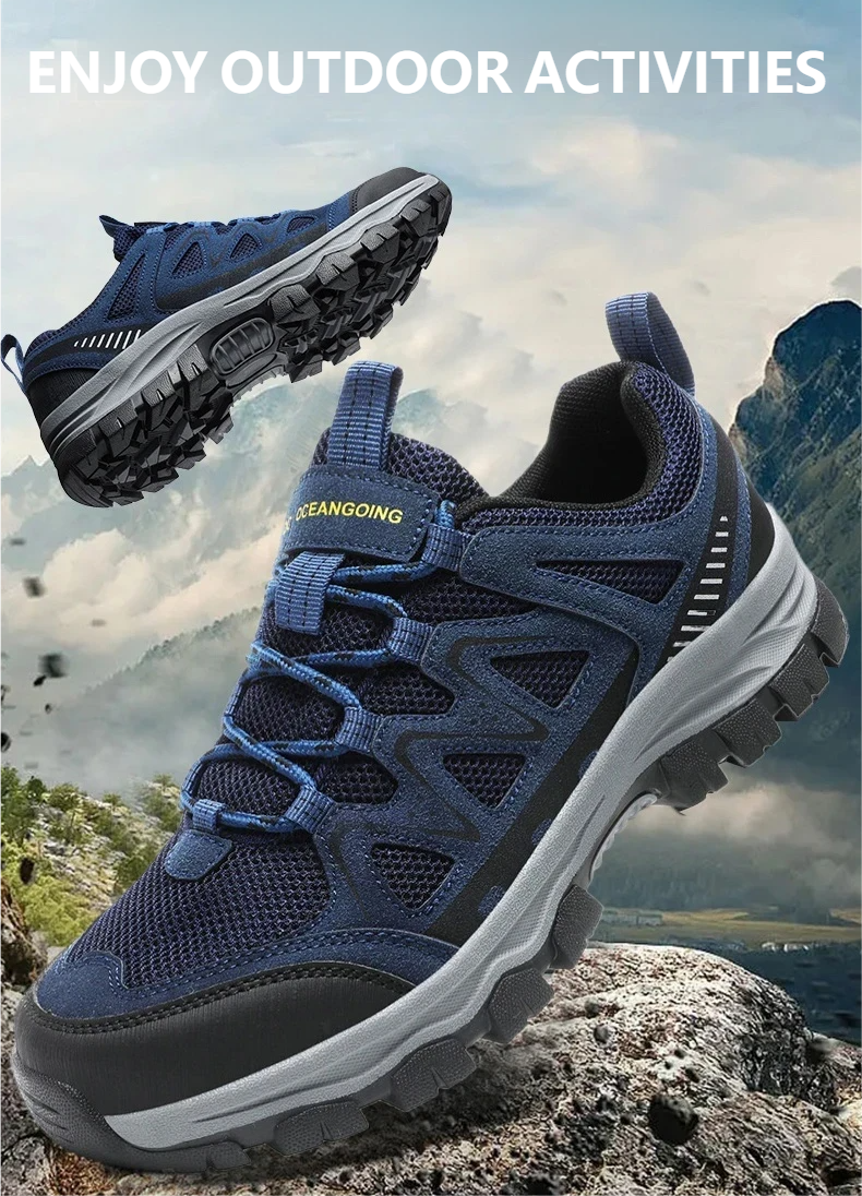 Work athletic shoes – Arch support, wide toe box, breathable, lightweight, non-slip, designed for mountaineering and outdoor activities.
